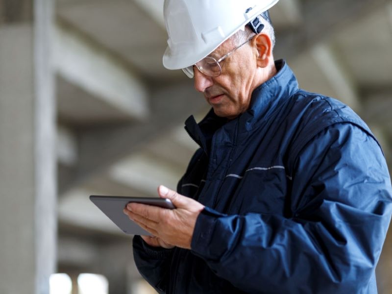 Senior construction manager controlling building site using digital tablet.